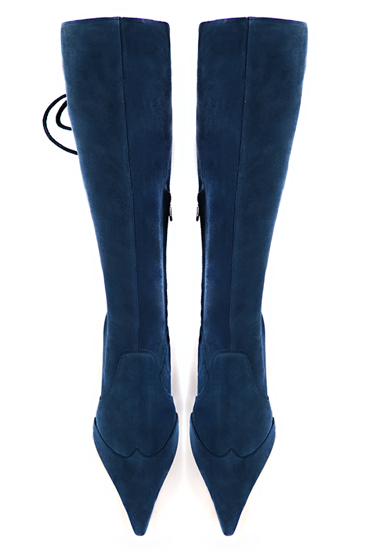 Navy blue women's knee-high boots, with laces at the back. Pointed toe. High block heels. Made to measure. Top view - Florence KOOIJMAN